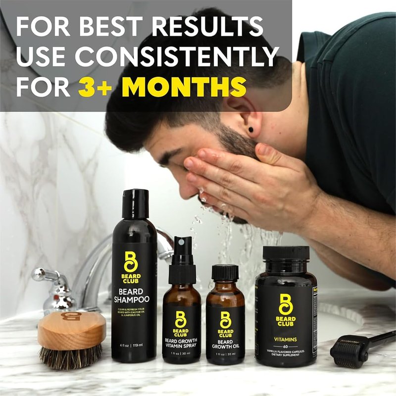 The Beard Club Advanced Beard Growth Kit - Derma Roller, Growth Oil, Vitamins and Vitamin Spray, Shampoo and Boar Bristle Brush - Gift Set - Cedar