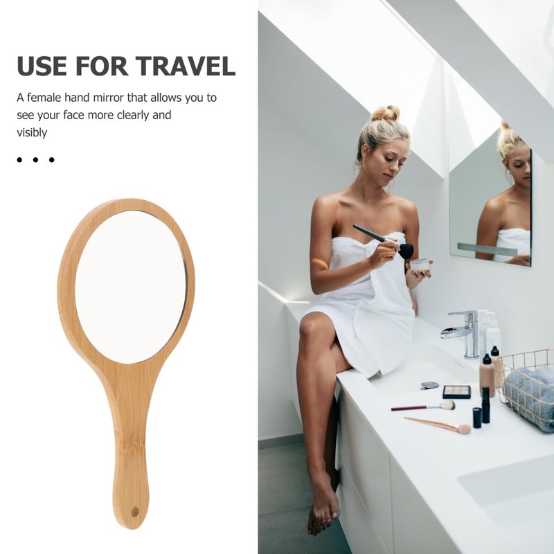 NOLITOY Small Bamboo Hand Mirror, 5.3in* 10in Portable Single Side Handheld Vanity Mirror with Wooden Frame Travel Makeup for Women and Girls