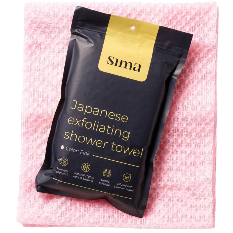 Sima Brand Exfoliating Washcloth Face & Body Scrub Towel - Japanese Exfoliating Towel with Hexagon Fibers, Body Scrubber with 2 Sides for Scrubbing & Washing, Extra Long Towels (Pink, 2 Pack)