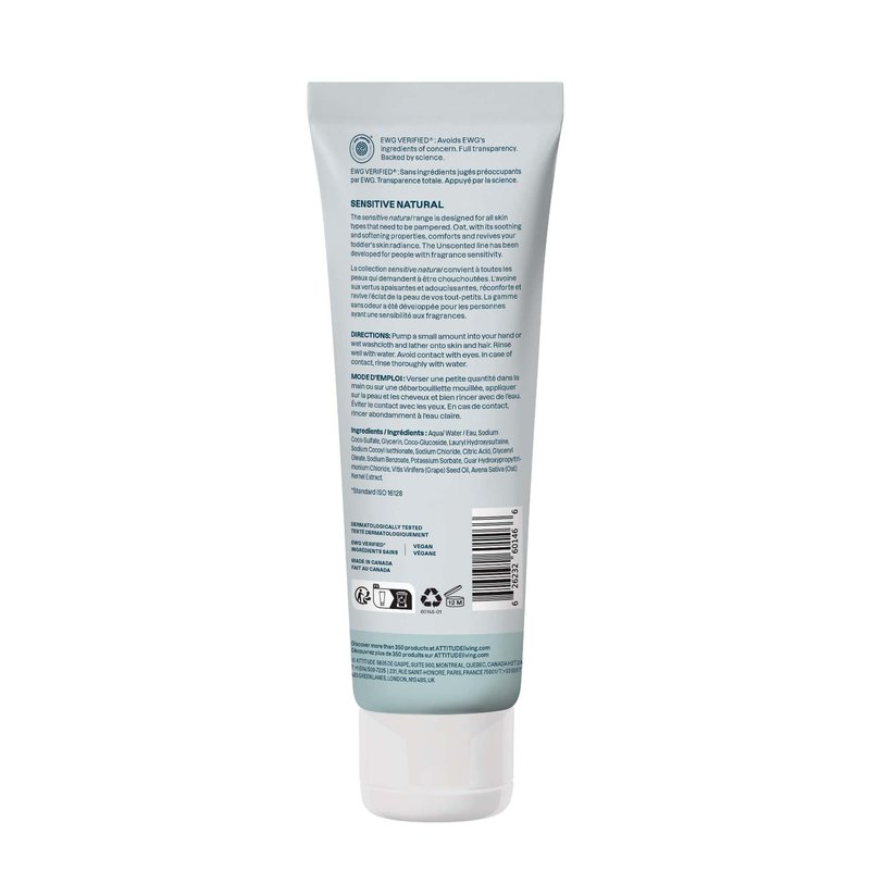 ATTITUDE Baby 2-in-1 Shampoo and Body Wash, EWG Verified, Extra Gentle, Enriched with Oatmeal, Dermatologically Tested, Vegan, Unscented, 8 Fl Oz