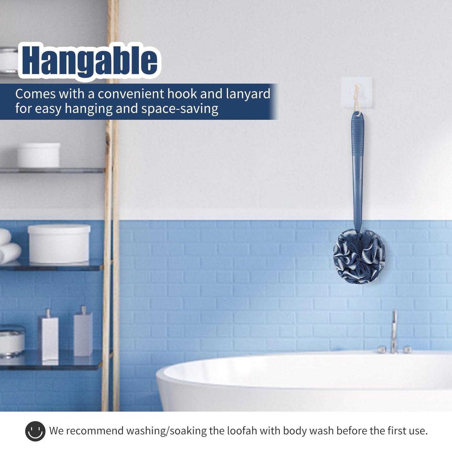 VANZAVANZU Loofah Sponge Set Loofah Exfoliating Body Scrubber, Anti-Slip Plastic 17" Handle Loofah on a Stick with Fluffy Shower Sponge, PE Soft Mesh Shower Loofahs-Blue with White Edge