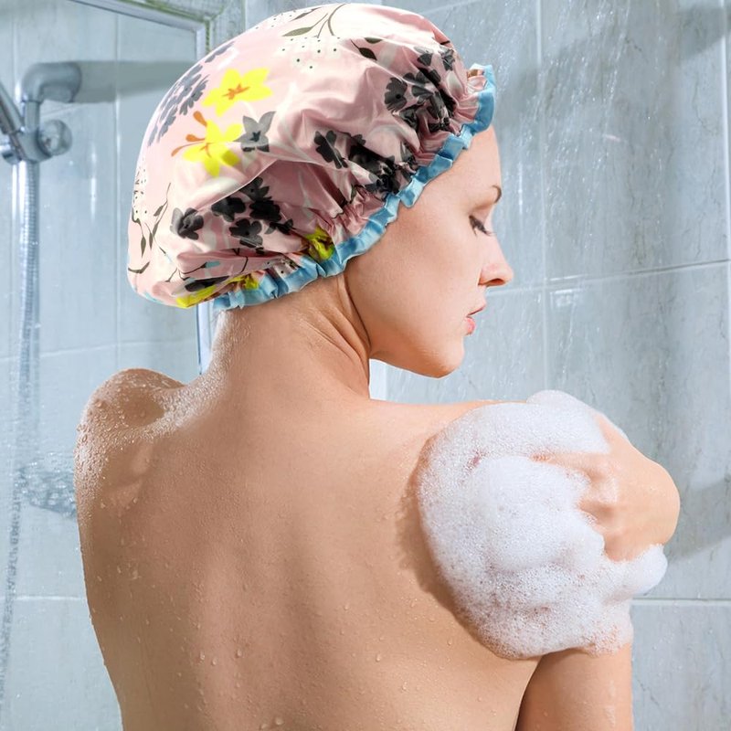 4 Pcs Reusable Waterproof Shower Hat with PEVA Lining Double Layers Elastic Satin Large Shower Caps Washable Shower Hats for Girls Women Long Hair All Hair Lengths
