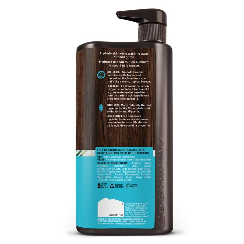 Every Man Jack Coconut + Driftwood Mens Body Wash for All Skin Types - Cleanse, Hydrate, and Smell Great - Free of Parabens, Phtalates, and Dyes - 33.8 fl oz - 2 Pack
