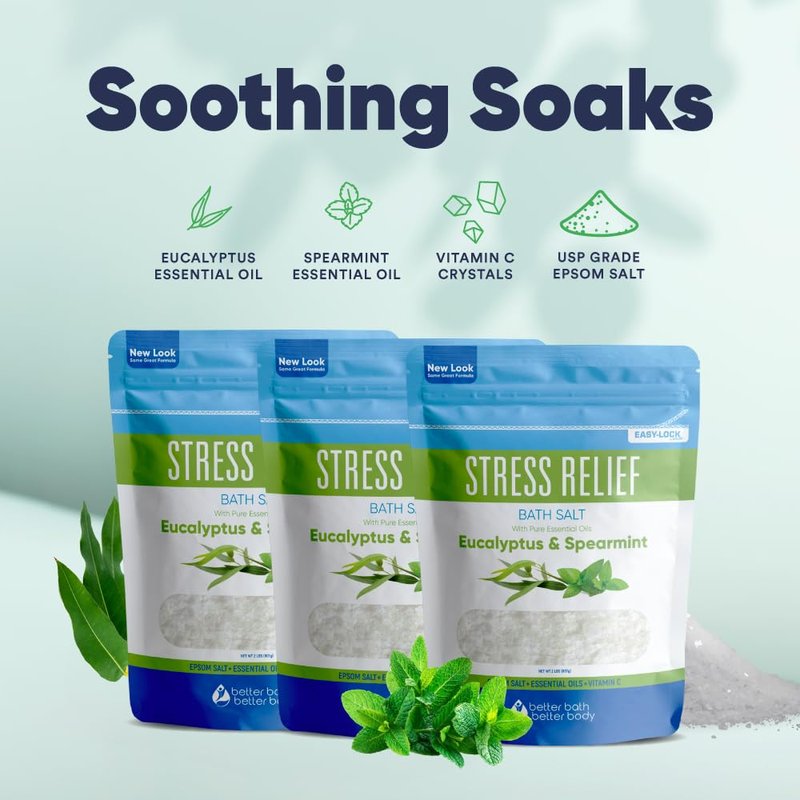 Stress Relief Bath Salt (3 Pack) Epsom Salt Relaxing Bath with Eucalyptus and Spearmint Essential Oils Plus Vitamin C Crystals in BPA Free Pouch Made in USA 2 lbs Pouches 6 Lbs Total