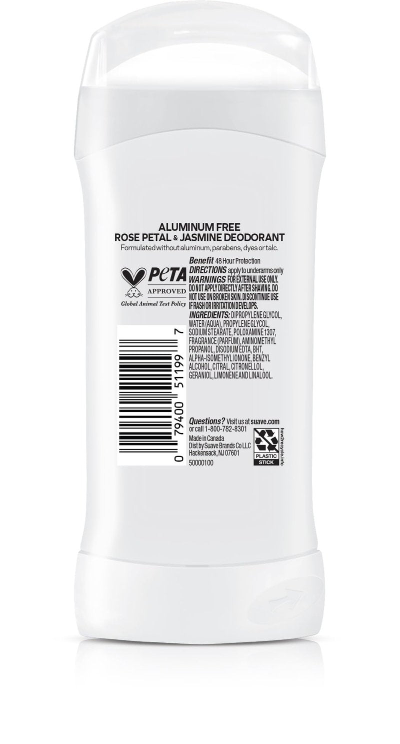Suave Aluminum Free Deodorant for Women, Rose Petal and Jasmine, 48-Hour Odor Protection, Free of Talc, Parabens & Dyes 2.6 oz (Pack of 12)
