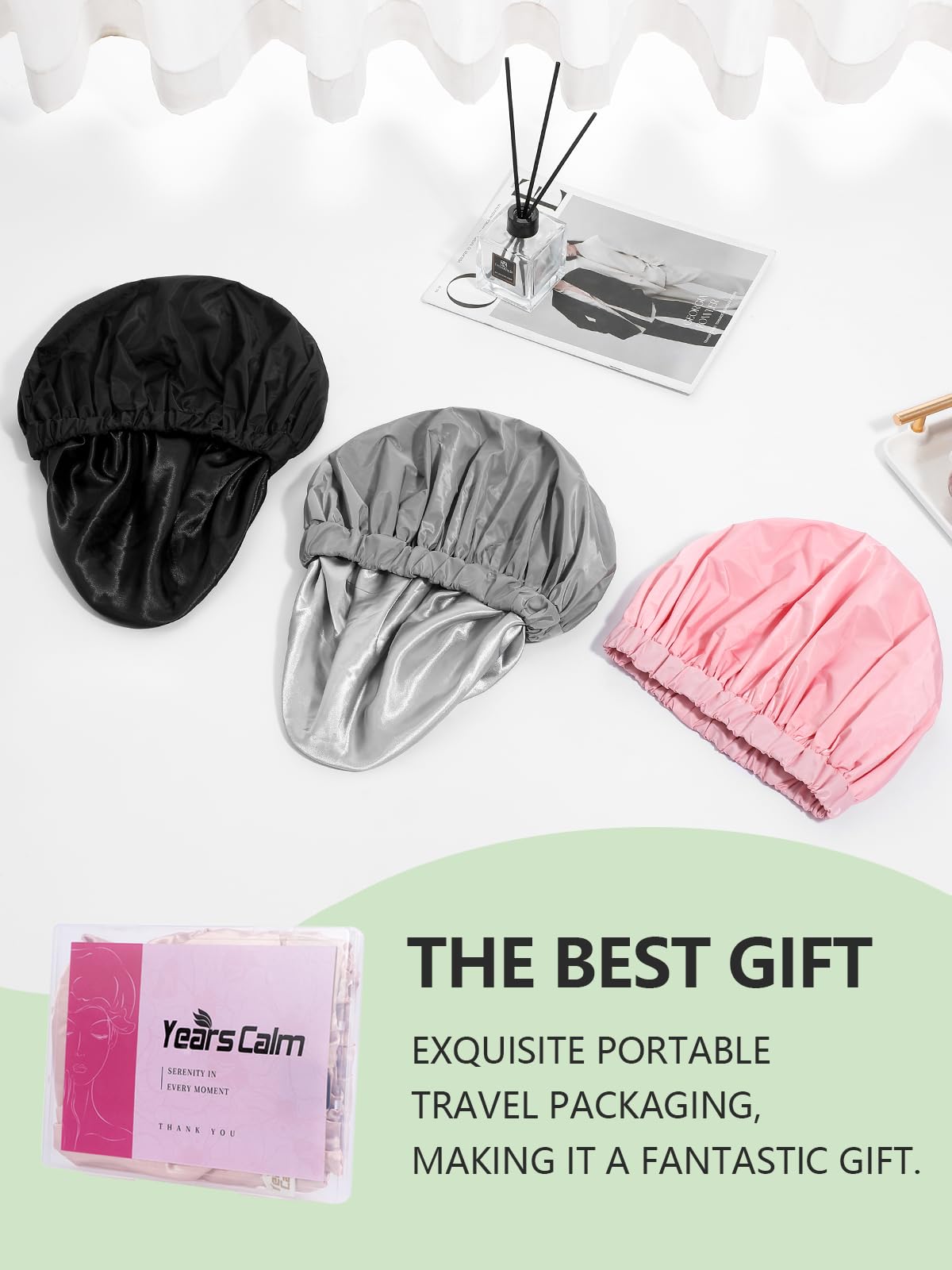Years calm Reusable Waterproof Shower Caps for Women, Hair Caps for Showers, Double-Layer Elastic Design, for All Hairstyles, Travel-Friendly (grey)