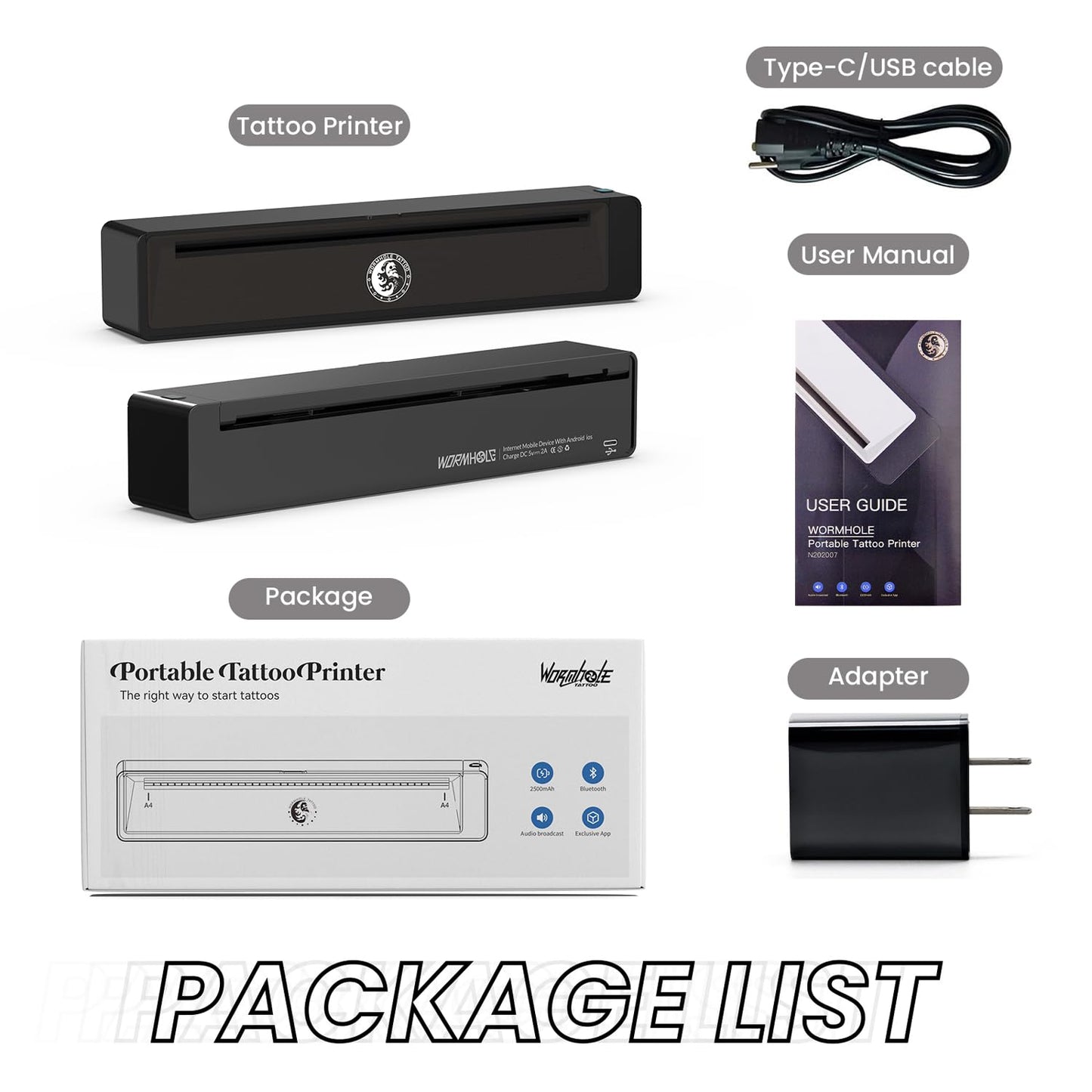 Wormhole Tattoo Stencil Printer Wireless Bluetooth 2,500mAh Battery Portable Tattoo Printer Compatible with Phone & PC for Artists and Beginners - Dark Gray