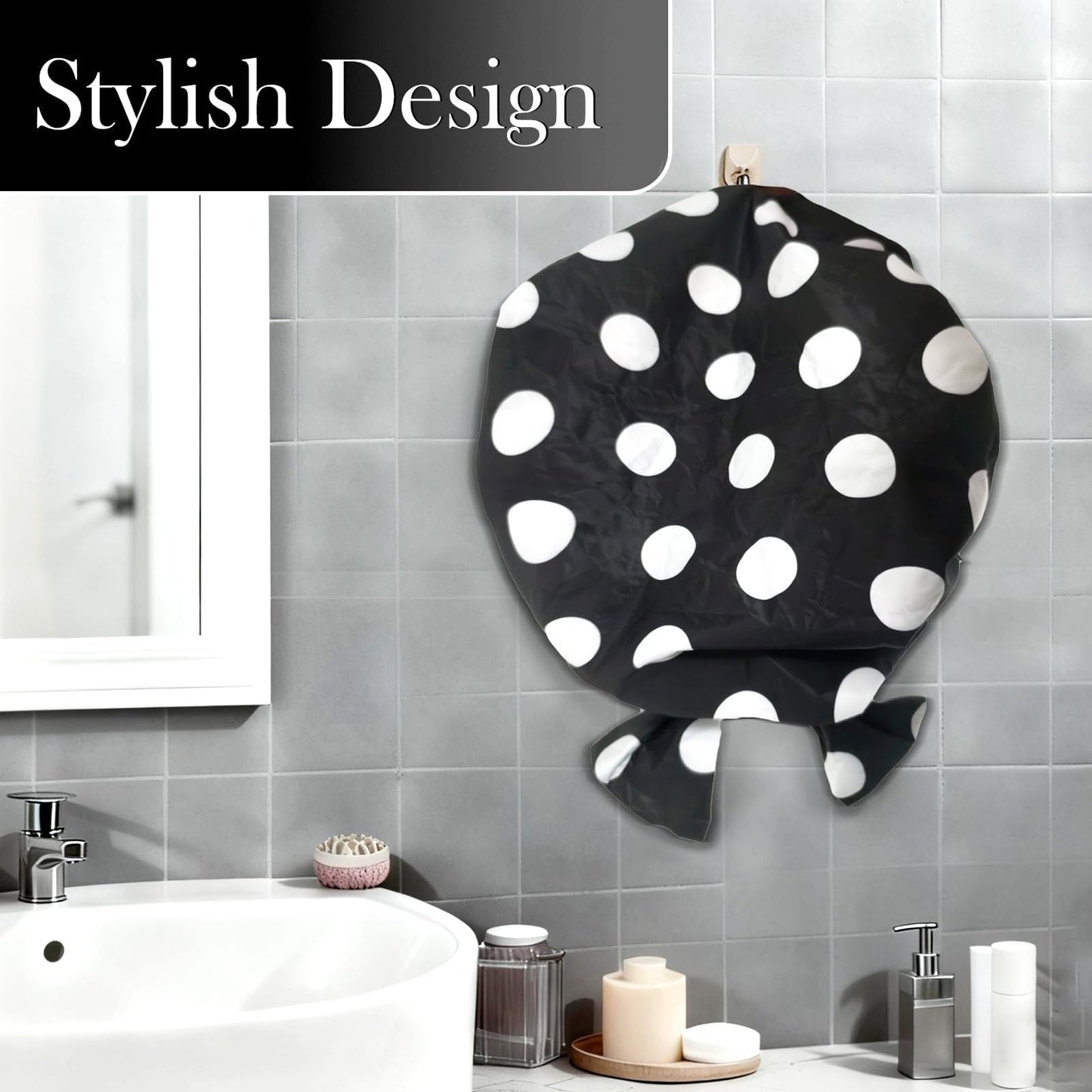 Fistmta Luxury Shower Caps for Women Reusable Waterproof, Large Double Layer Quick-dry Bathing Hair Cap with Adjustable Elastic Strap, Non-slip Shower Cap for Long Short Hair Black Polka Dots