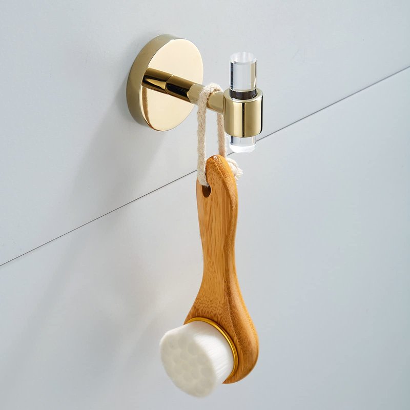 Gold Acrylic Bathroom Accessories Set, Including a Wall-Mounted Towel bar, Towel Ring, Toilet Paper Holder, and Robe Hook. A 4-Piece Modern Acrylic Bathroom Hardware Fixture Set.