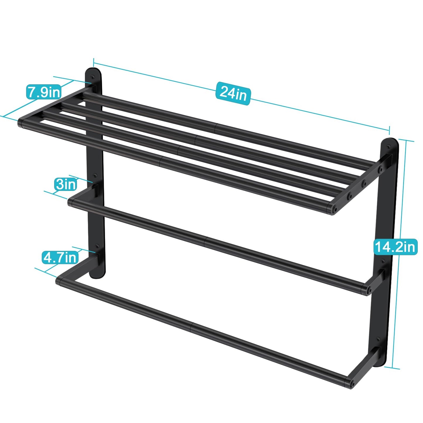 VOTZAAQ Towel Racks for Bathroom, 24 in Black Towel Shelf with Double Towel Bar, 3 Tier Stainless Steel Towel Storage, Bath Towel Holder Wall Mounted for Lavatory Organizer Decor RV Camping