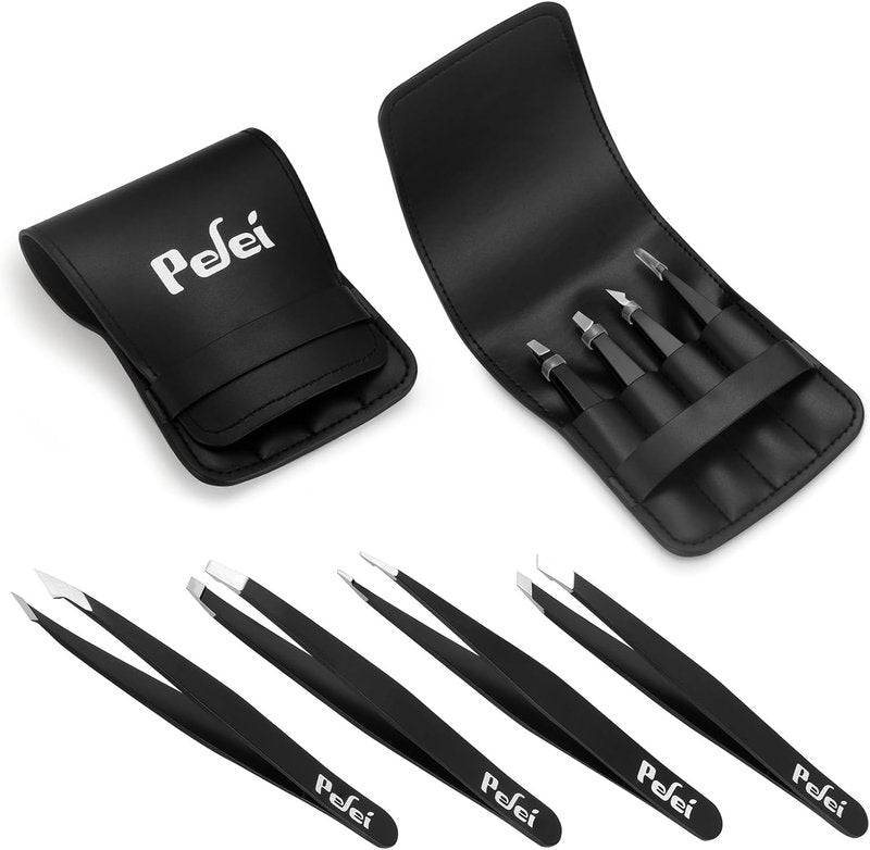 Pefei Tweezers Set - Professional Stainless Steel Eyebrow Tweezers for Precision Hair Removal | Black
