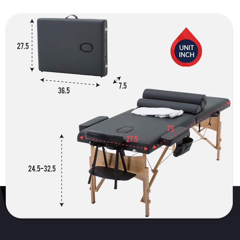 PayLessHere Massage Bed Portable Massage Table 28 inch Wide Lash Bed 2 Folding Height Adjustable Spa Table with Towel Hanger Oil Pouch Half Bolster Round Bolster Non-Woven Bag