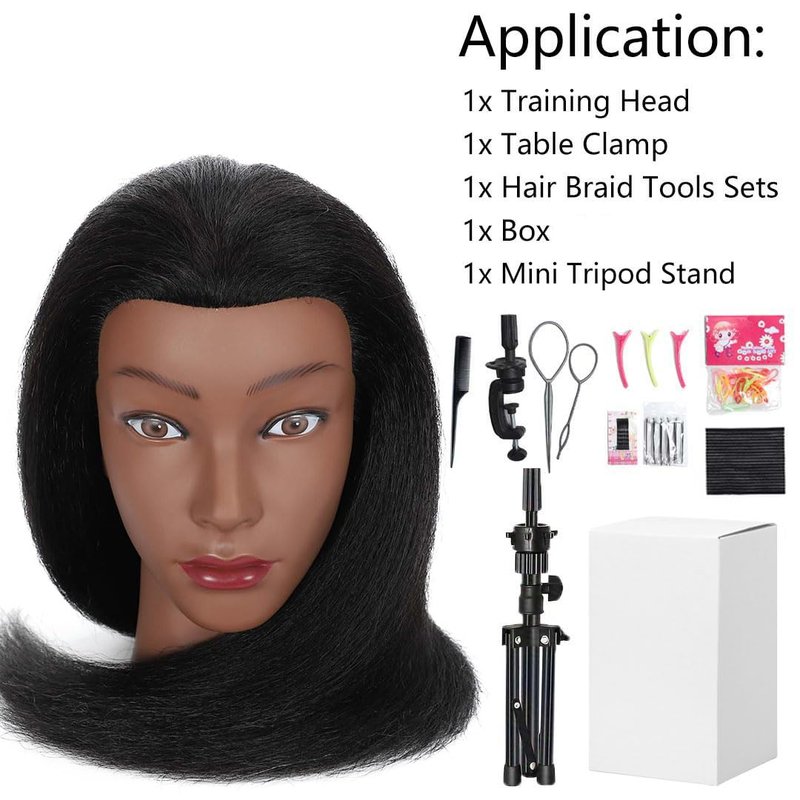 MQHIHI Mannequin Head Human Hair with Tripod Stand, 100% Real Hair Cosmetology Manikin Doll Head for Hairdresser Practice Braiding with Tripod Set and Tools (18 Inch)