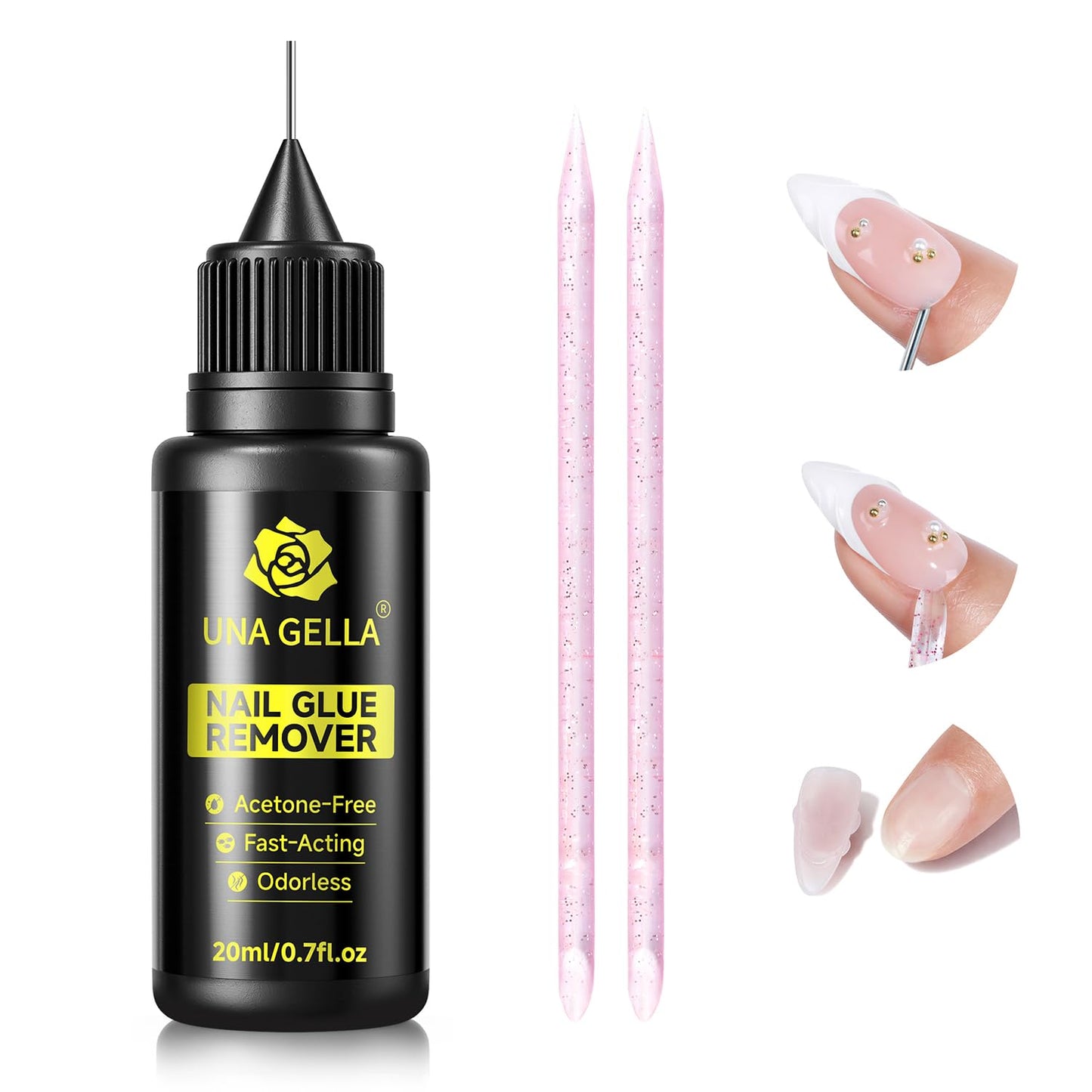 UNA GELLA Nail Glue Remover for Press on Nails,20ml Pinpoint Non-Acetone Semi Solid Nail Glue Remover for Nails Tips,Gentle GLUE Remover with Upgraded Stick Easy Removal