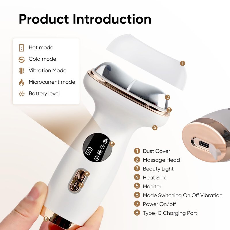 Microcurrent Facial Device with Red Light Therapy - 7-in-1 LED Sculptor & Cold Heated Gua Sha for Face Neck Eye Firming, Depuffing & Double Chin Reduction