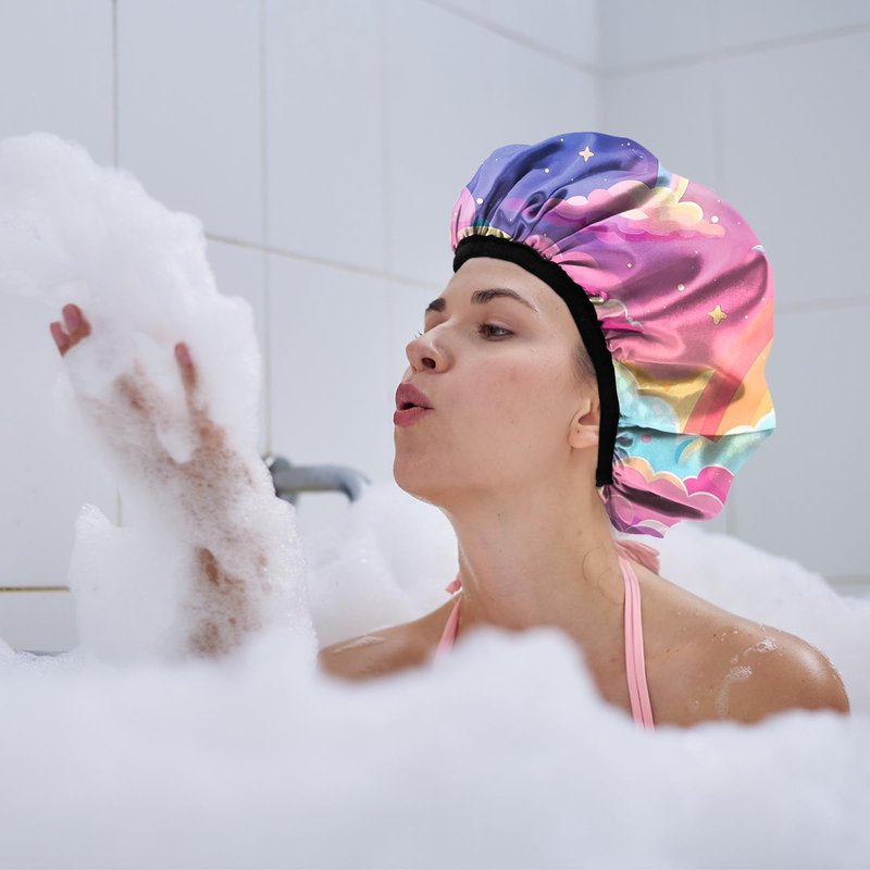 Cabreche Luxury Shower Cap Terry Lined Reusable Triple Layer Waterproof Hair Elastic Caps Shower Bath Hat for Women Girls Cute Aesthetic-Pink Cloud