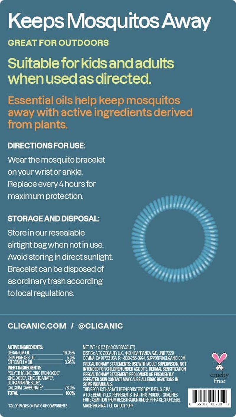 Cliganic Mosquito Repellent Bracelets - 10 Pack DEET-Free Bands for Adults & Kids | Individually Wrapped