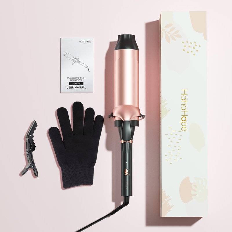 Hahahope Professional 2 Inch Curling Iron with Clamp - Large Barrel Curling Wand for Long Hair, Dual Voltage, Adjustable Heat Settings, Lightweight Design Rose Gold