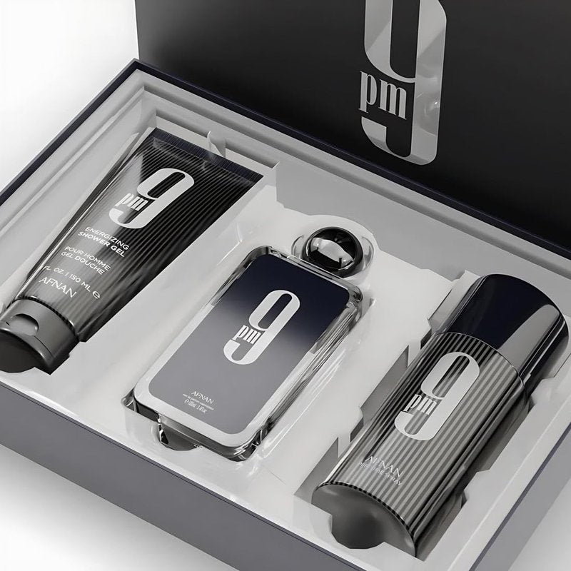 Afnan 9 Pm 3 Piece Set for Men, (3.4 Oz De Parfum Eau De Parfum Spray + 5.0 Oz Shower Gel + 5.0 Oz Perfume Deodorant)