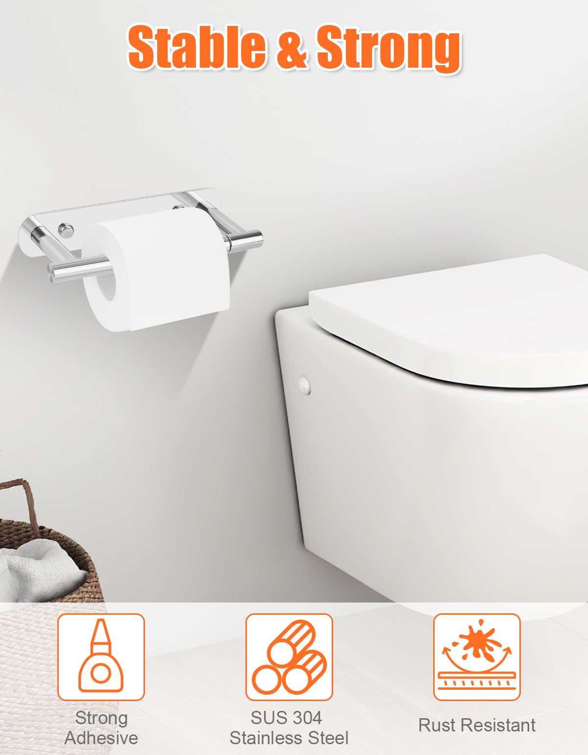YUET Toilet Roll Holder, Self Adhesive or Screw In Wall Mounted Options, Double Post Pivoting Tissue Roll Holder, Stainless Steel Rustproof Stick On No Drilling Wall Mount for Bathroom Poilshed Chrome