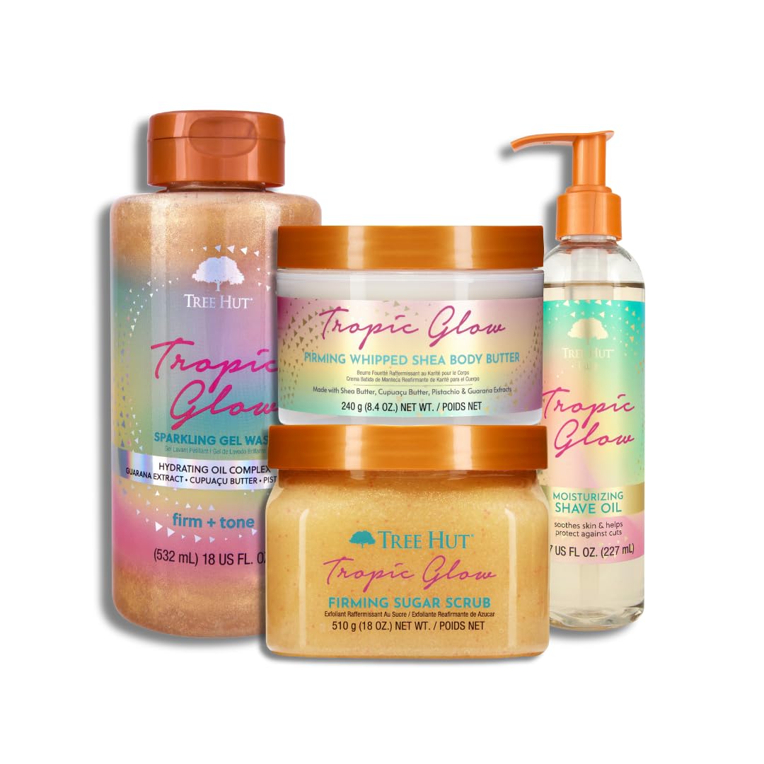 Tree Hut Tropic Glow Body Care Bundle - Hydrating Gel Wash, Shea Sugar Scrub & Shave Oil for Soft, Radiant Skin