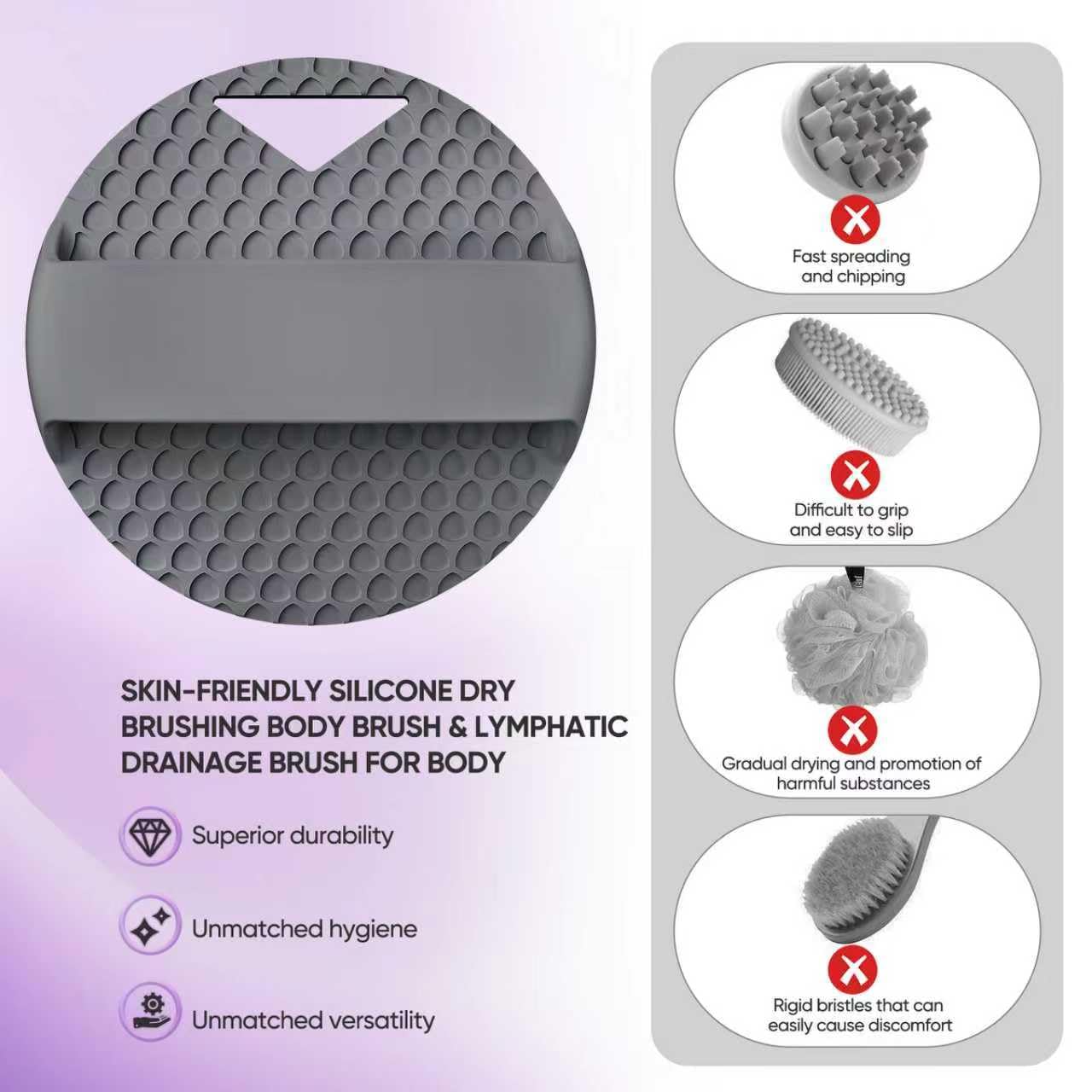 XCRUCC Silicone Body Scrubber Anti Zinc Infused Silicone Loofah,Silicone Shower Scrubber with Stiff & Soft Bristles,Unblock Blood Circulation or Lymphatic Drainage - Gray