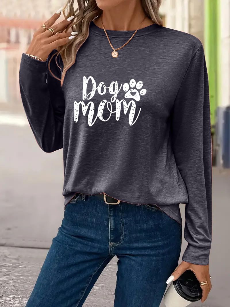 Women's Dog Mom Shirt Cat and Dog Paw Pattern O Neck Long Sleeve Gift Girls Heart Shaped T-Shirt