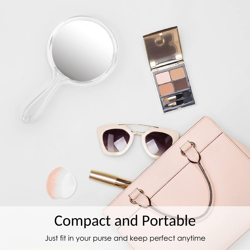 D Handheld Mirror with Handle 3.9" W x 8.3" L Hand Mirror Small Doule Sided Magnifying Mirror 1X 2X, Handle Makeup Mirror, Acrylic Handheld Mirror Rounded Shape, Transparent 1 PCS