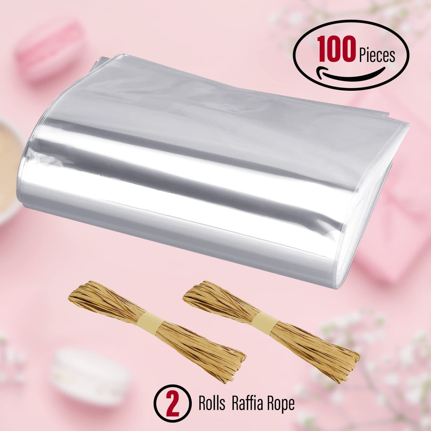 Tudomro 100 Pcs Clear Soap Bags for Packaging 5'' x 8'' Flat Cellophane Candy Wrappers Bags with Raffia Rope for Homemade Soap Making Supplies Wedding Craft Gift Birthday Party Favor