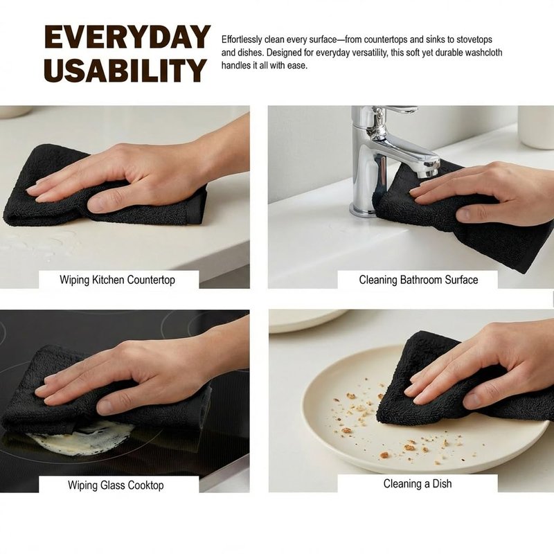 Utopia Towels 60 Pack Cotton Washcloths Set, 100% Ring Spun Cotton, Premium Flannel Face Cloths, Highly Absorbent and Soft Feel Fingertip Towels, Black