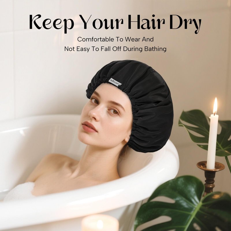 Years calm Shower Cap Reusable Waterproof, Double-Layer Hair Cap for Women, with Elastic Band, Ideal for Shower, Spa, Travel & Cleaning (black, One Size)