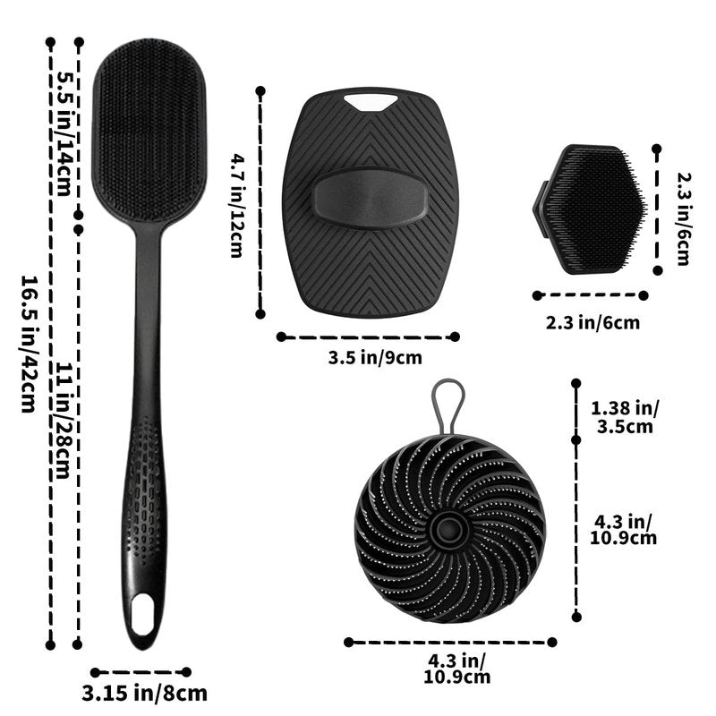 Merleu Silicone Back Scrubber 16.5" & Silicone Body Scrubber(Dual-Side) & Hair Scalp Massager & Face Brush Set (4PCS), Deep Cleaning & Shampoo at Home with 2 Free Hooks (Long Handle Back Brush Set)