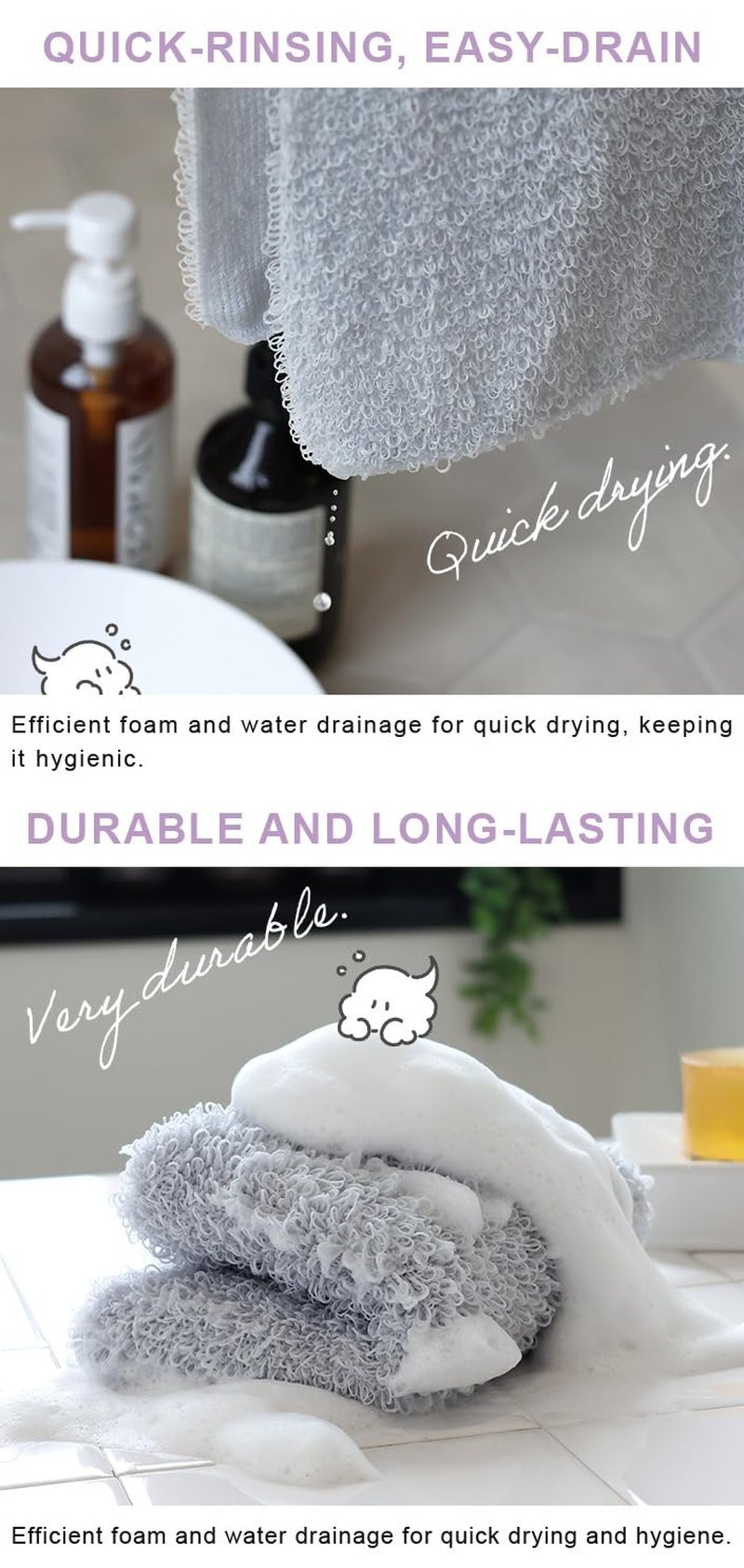 HIORIE Exfoliating Shower Towel - Soft Washcloth for Rich, Luxurious Lather - Beige - Made in Japan