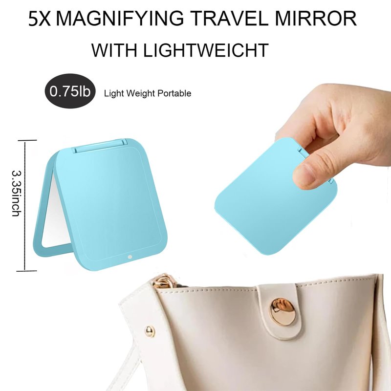 CYHTSHFZ Small Compact Mirror for Purse,5X/1X Travel Magnifying Mirror for Women, Makeup Mirror for Girls, Portable Ultra Slim Pocket Mirror(Light Blue)