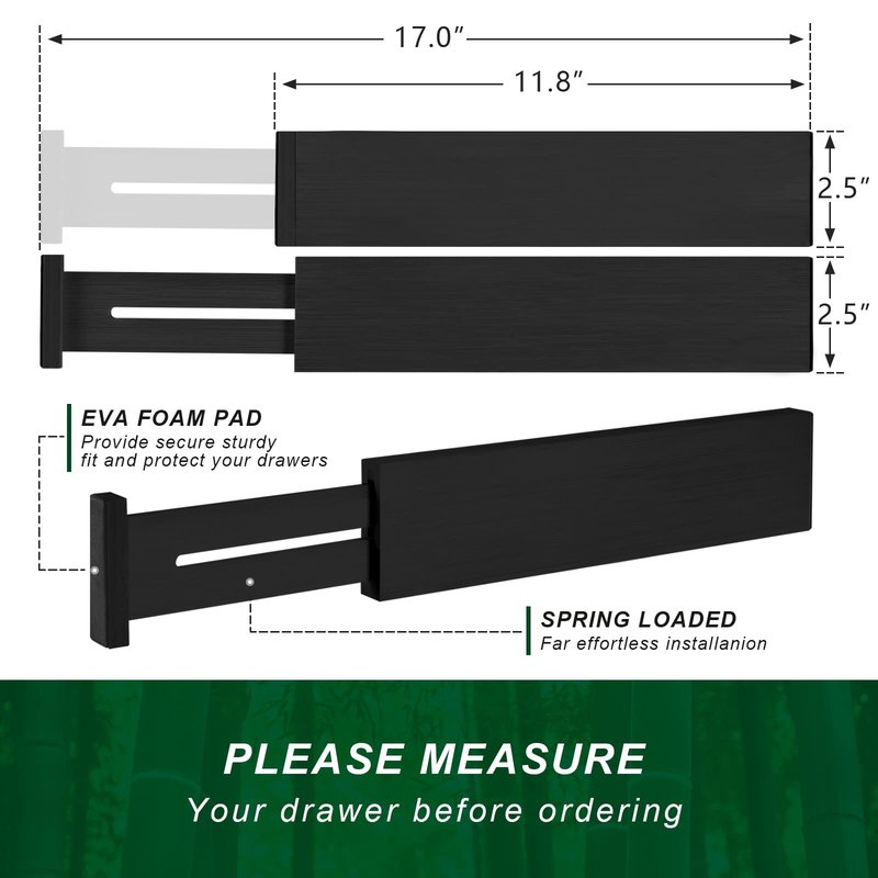 4 Pack Bamboo Drawer Dividers 2.6" High, Adjustable Length from 12 Inch to 17 Inch, Expandable Kitchen Drawer Organizer Separators for Clothes, Kitchen, Bedroom, Dresser, Office (Black)