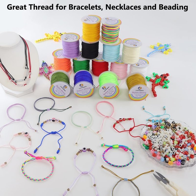 LUSTEMBER 0.8mm Nylon String - Durable Bracelet Cord for Jewelry Making & Beading Projects