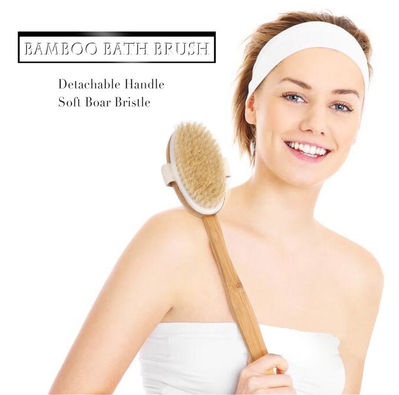 Bath Body Brush & Shower,Dry Skin Brushing with 100% Natural Boar Bristles & 16 inches Long Bamboo Detachable Handle,Back Scrubber for Exfoliates & Stimulates Blood Circulation-by Qlben