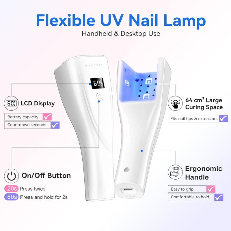 Makartt Portable Cordless UV LED Nail Lamp - 222 mW/cm² Mini Dryer for Rhinestone Glue & Poly Nail Gel | Rechargeable with LCD Display & Smart Sensor