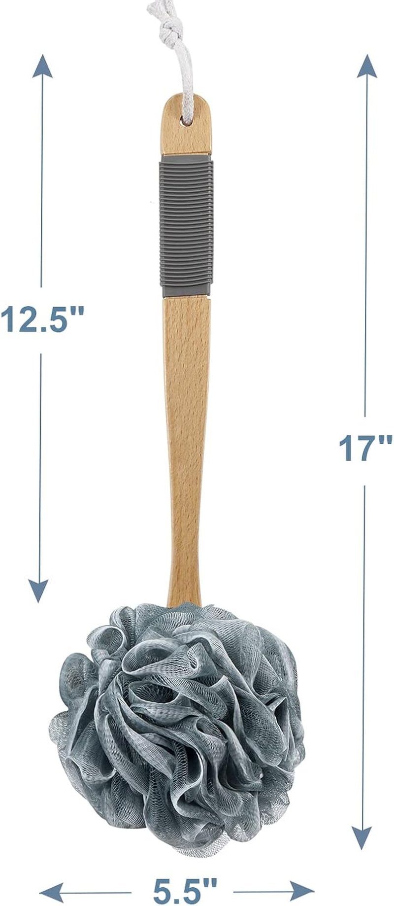AmazerBath Shower Sponge - Soft Mesh Loofah Back Scrubber with Long Wooden Handle | Gray Body Scrubber for Men & Women
