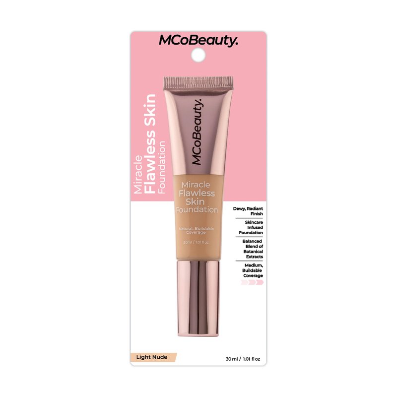 MCoBeauty Miracle Flawless Skin Liquid Foundation Light Nude - Buildable Medium Coverage Dewy Finish for All Skin Types - Hyaluronic Acid Coconut Water Rose Water Hydrating Face Makeup Vegan - 1 Fl Oz