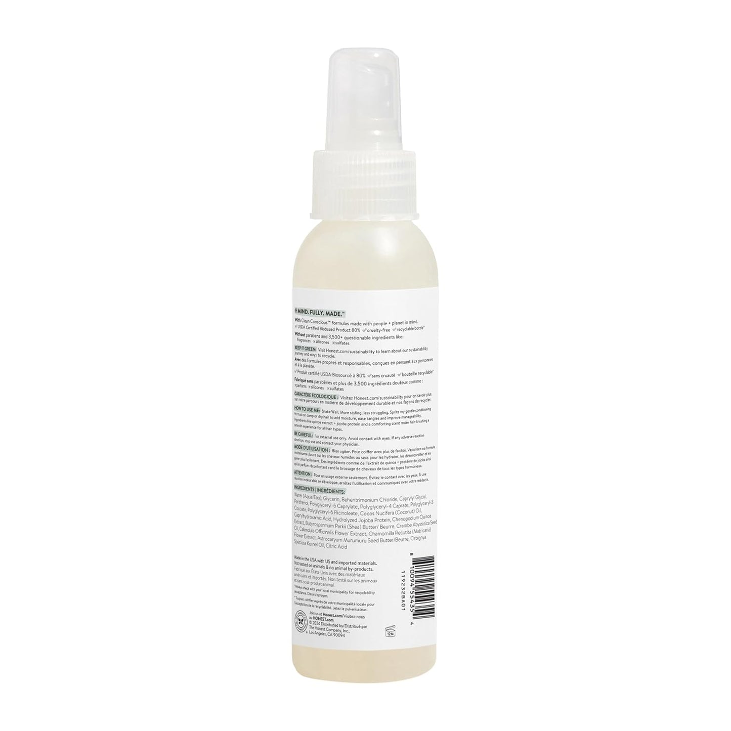 The Honest Company Fragrance-Free Hair Detangler - Tear-Free Leave-In Conditioner for Sensitive Skin | 4 fl oz (Pack of 3)