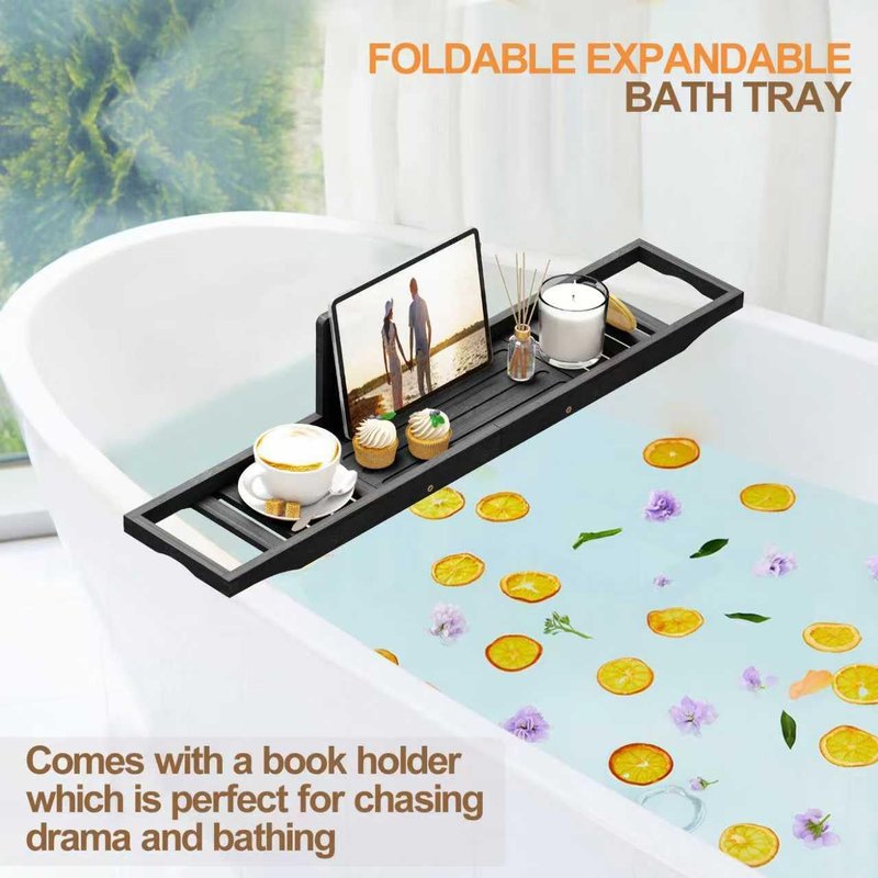 Bathtub Tray Caddy Black - Bath Tray Black - Bath Tub Table Tray Caddy - Bamboo Bath Tray for Tub
