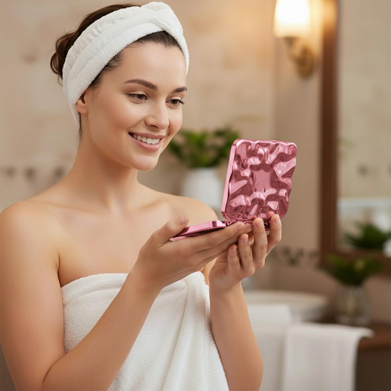 Irregular Shape Compact Mirror, Double-Sided Portable Folding Makeup Mirror with Electroplated Finish, Pocket-Sized Handheld Vanity Mirror for Travel and Quick Touch Ups, Pink