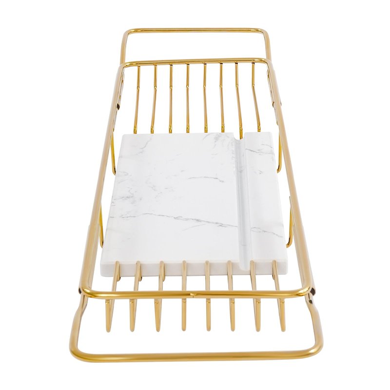 Bathtub Tray Caddy for Luxury Bath, Stainless Steel 26.8-35.4 in Expandable Extra Wide Bath Tub Tray with Natural Marble and Mobile/Tablet Stand, Ideal for Home Spa Lovers (Gold + White)