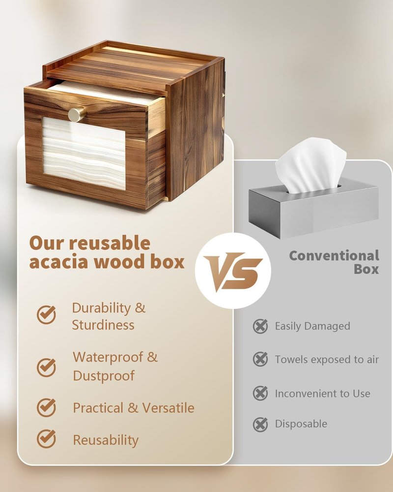 Disposable Face Towel Holder - Acacia Wood Storage Drawer for XL Towels | Bathroom Vanity Organizer & Wall Mount