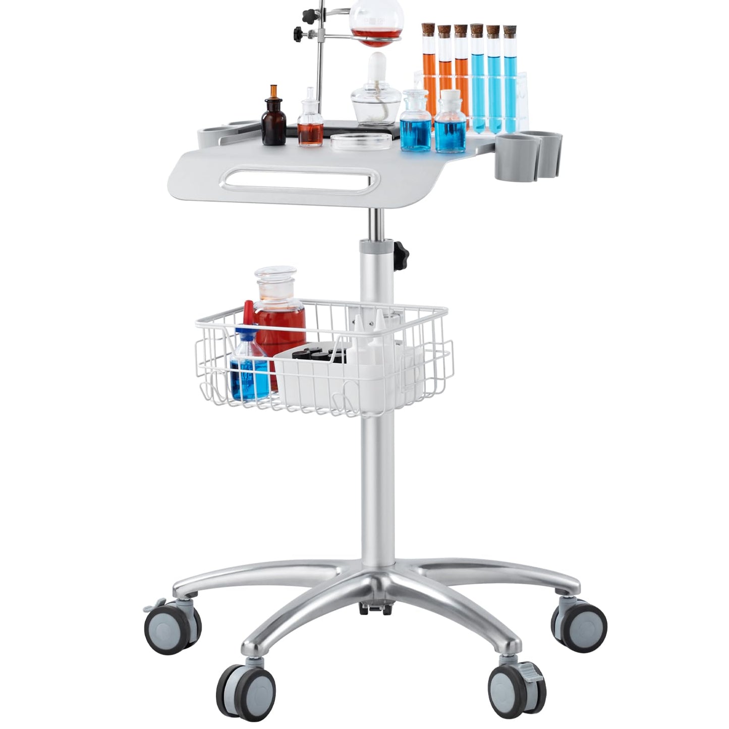 VEVOR Medical Trolley with Wheels - Height Adjustable Gas Lift, Stainless Steel Rolling Laptop Cart with Storage Basket, 19"×17" Large Tabletop,Mobile Metal Scanner Cart for Ultrasound/Dental/EKG/Lab