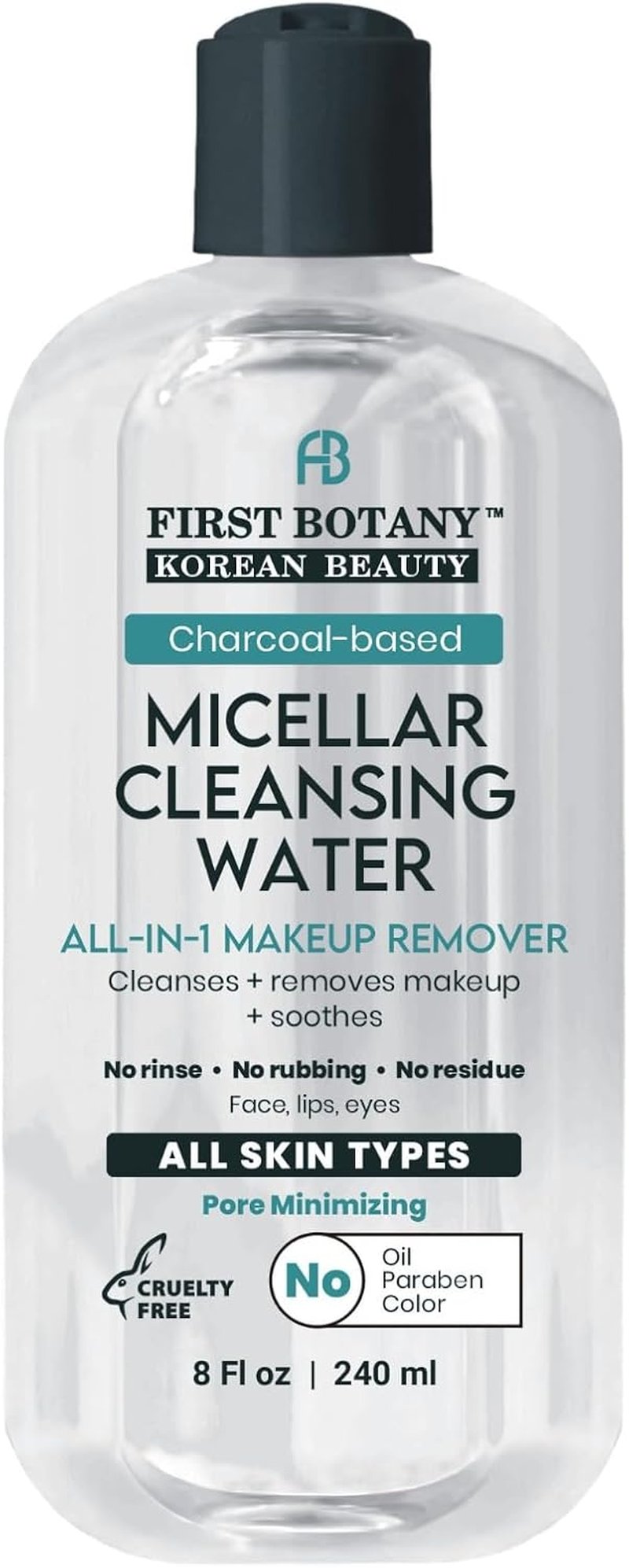 Skiennix Korean Micellar Water Makeup Remover - Charcoal Hydrating Toner & Cleanser for All Skin Types, 8 oz