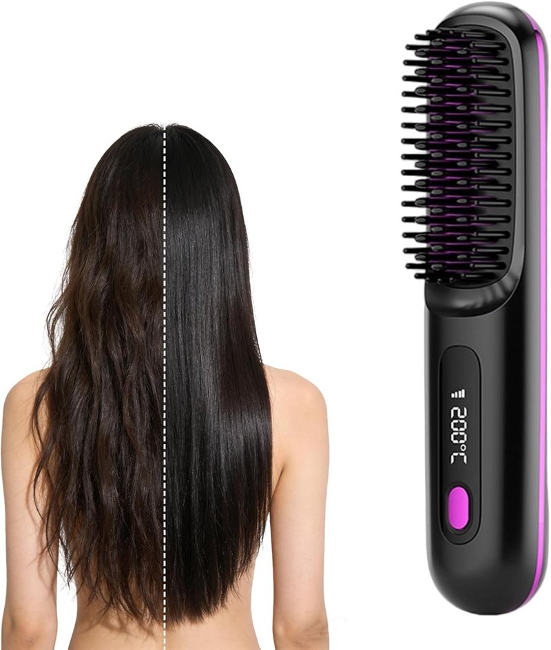 Cordless Hair brushfor Short Hair, Portable Straightener Brushs for Travel, with LCD Temperature Display,Fast Heating Cordless Mini Hair Brushs Styling Tools