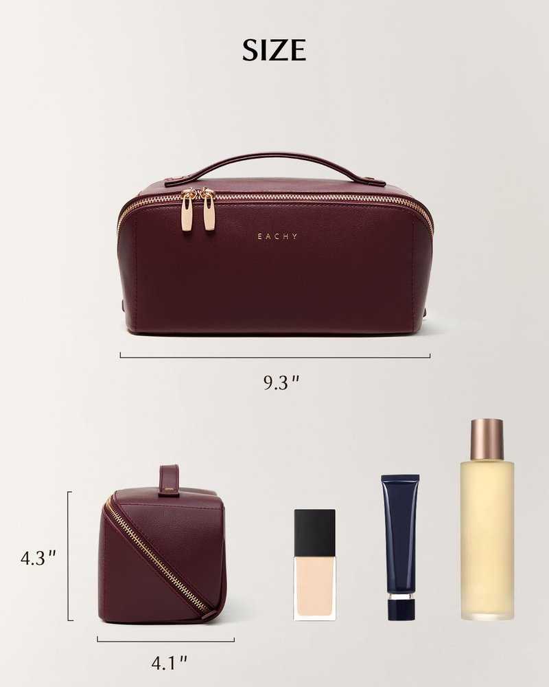 EACHY Travel Makeup Bag, 2.0 Cosmetic Bag for Women, Waterproof PU Leather,Flat Open Portable Toiletry Bag for Skincare, Brushes & Travel Essentials