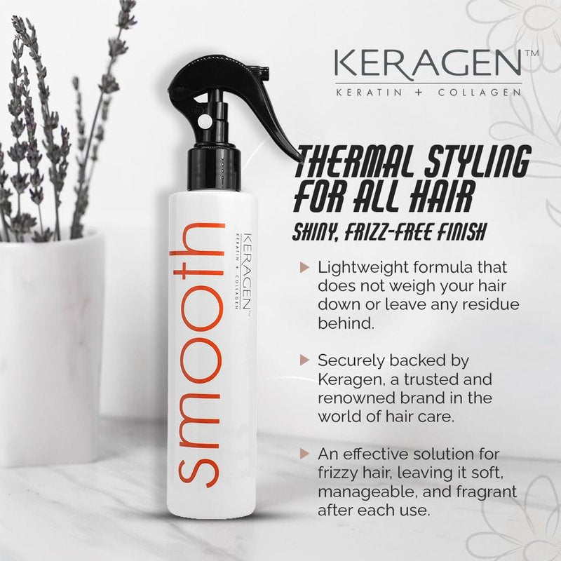 KERAGEN Heat Protectant Spray for Hair, 8 Oz – Thermal Styling for All Hair – Shiny, Frizz-Free Finish – Keratin, Collagen